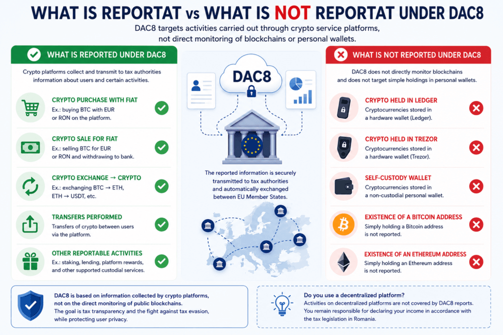 What is reported vs what is not reported through DAC8 - DAC8 targets activities conducted through crypto platforms, not direct monitoring of blockchains
