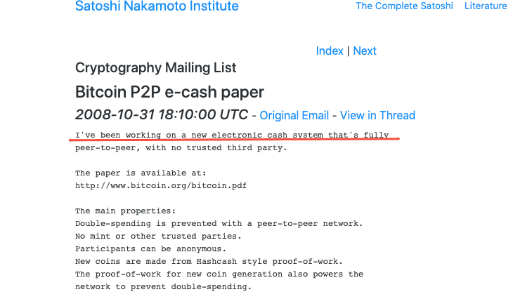email trimis de Satoshi Nakamoto la sfarsitul anului 2008