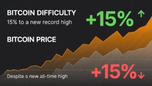 Dificultatea Bitcoin crește 15%, record din 2021, în ciuda scăderii prețului