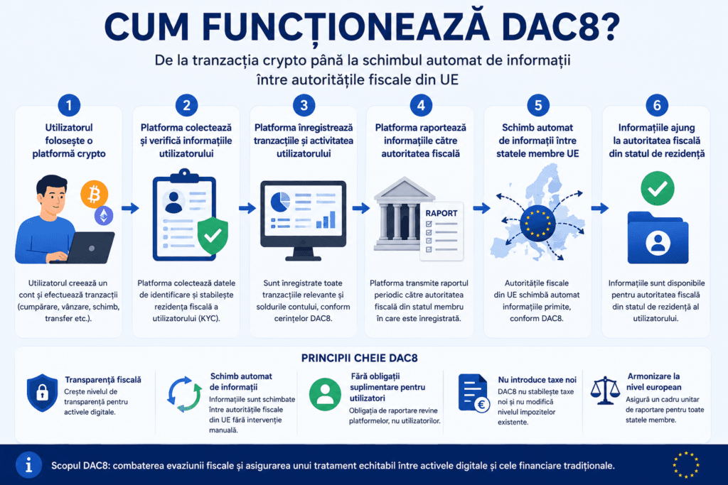 Cum funcționează DAC8 - De la tranzacția crypto până la schimbul automat de informații între autoritățile fiscale din UE