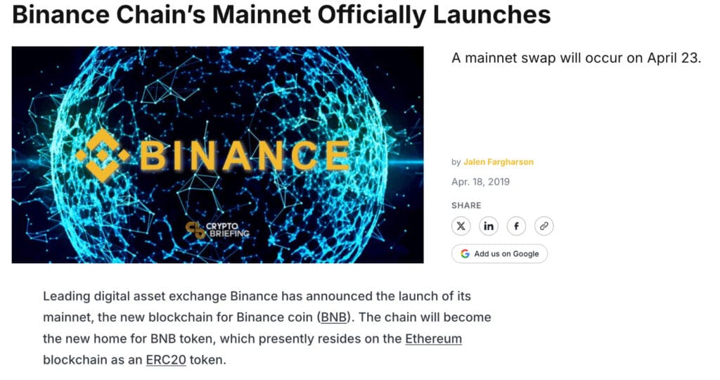 when did the BNB blockchain appear?