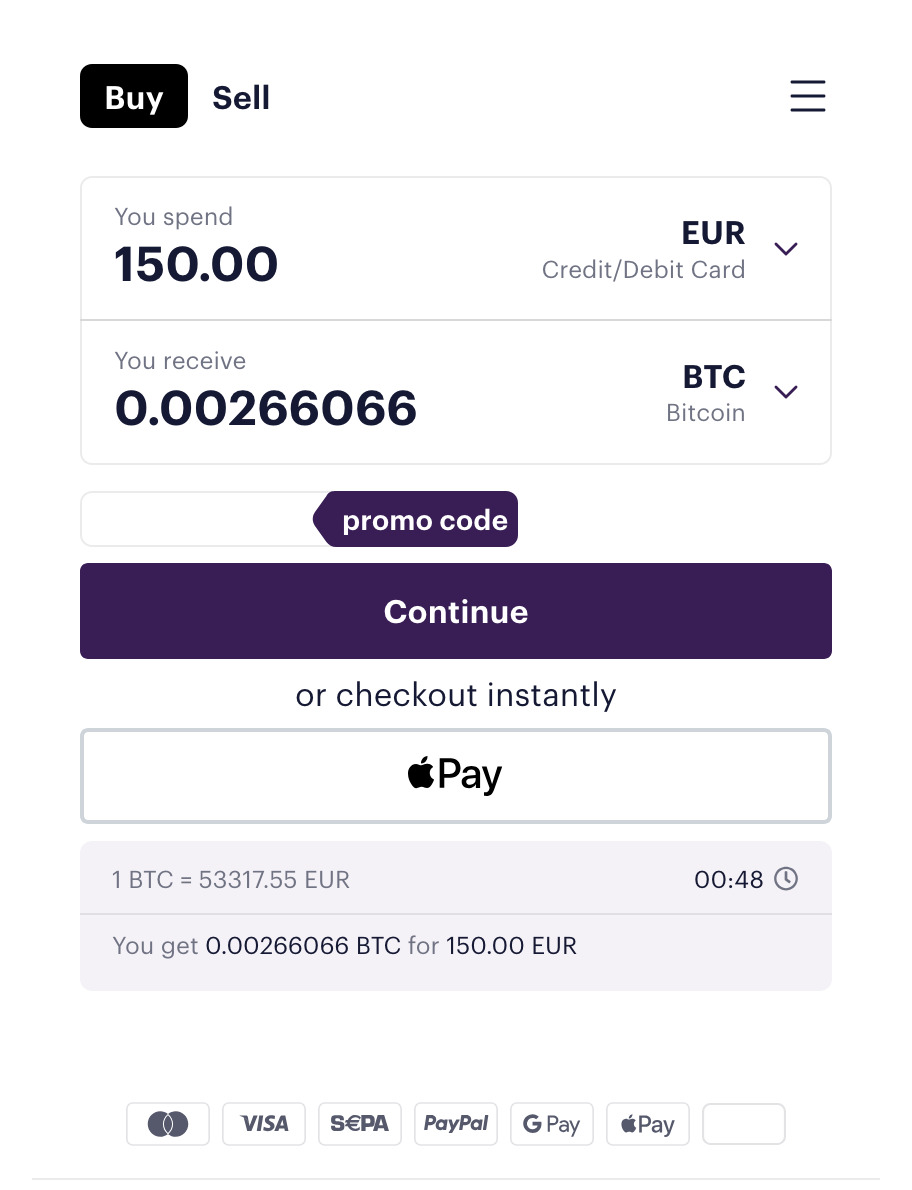 Abarai Crypto On/Off Ramp example of buy transaction