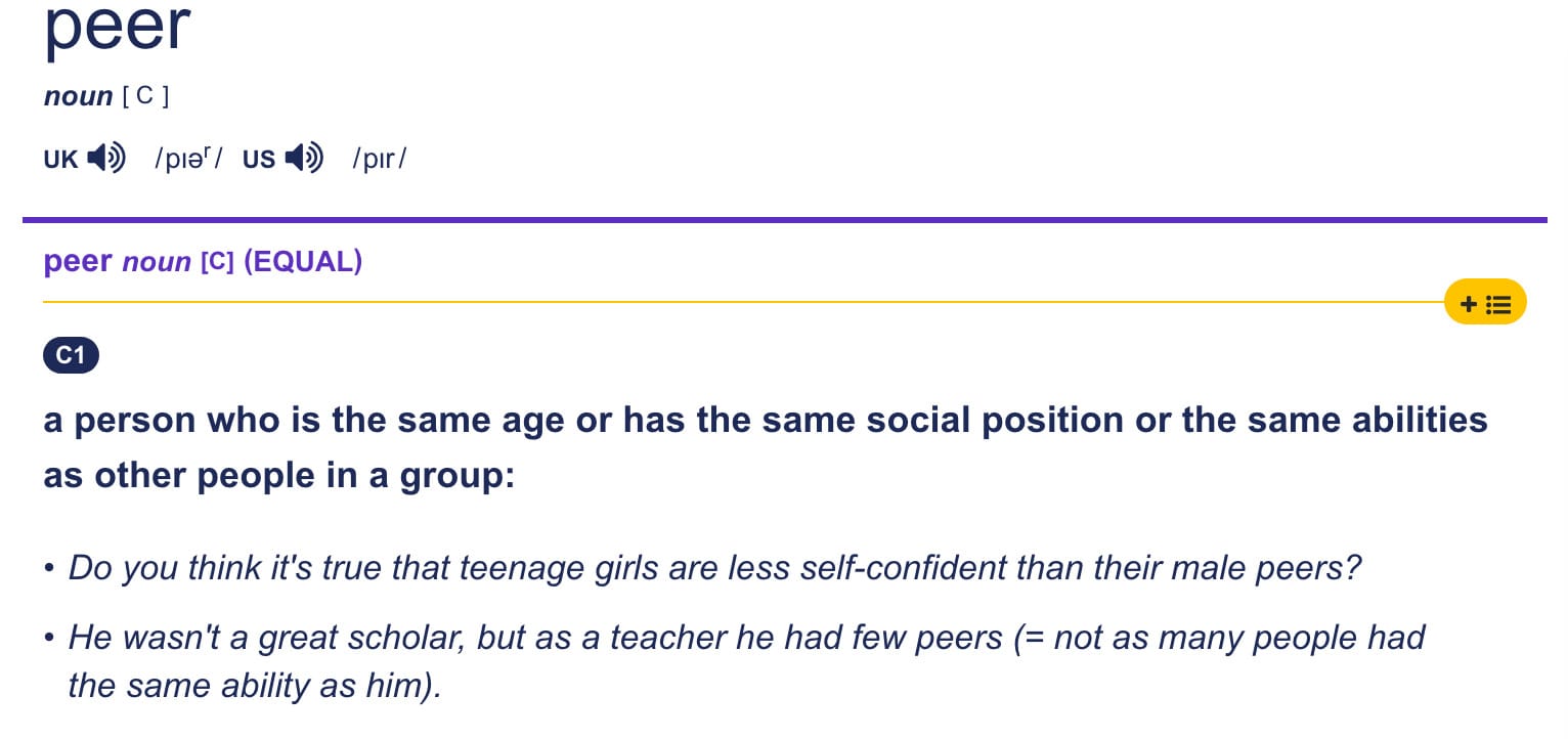 Definición de la palabra "peer" en inglés. Fuente: Cambridge Dictionary.