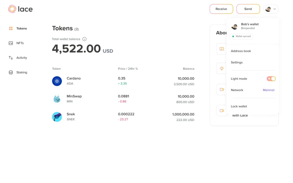Інтерфейс користувача гаманця Lace, розроблений Cardano